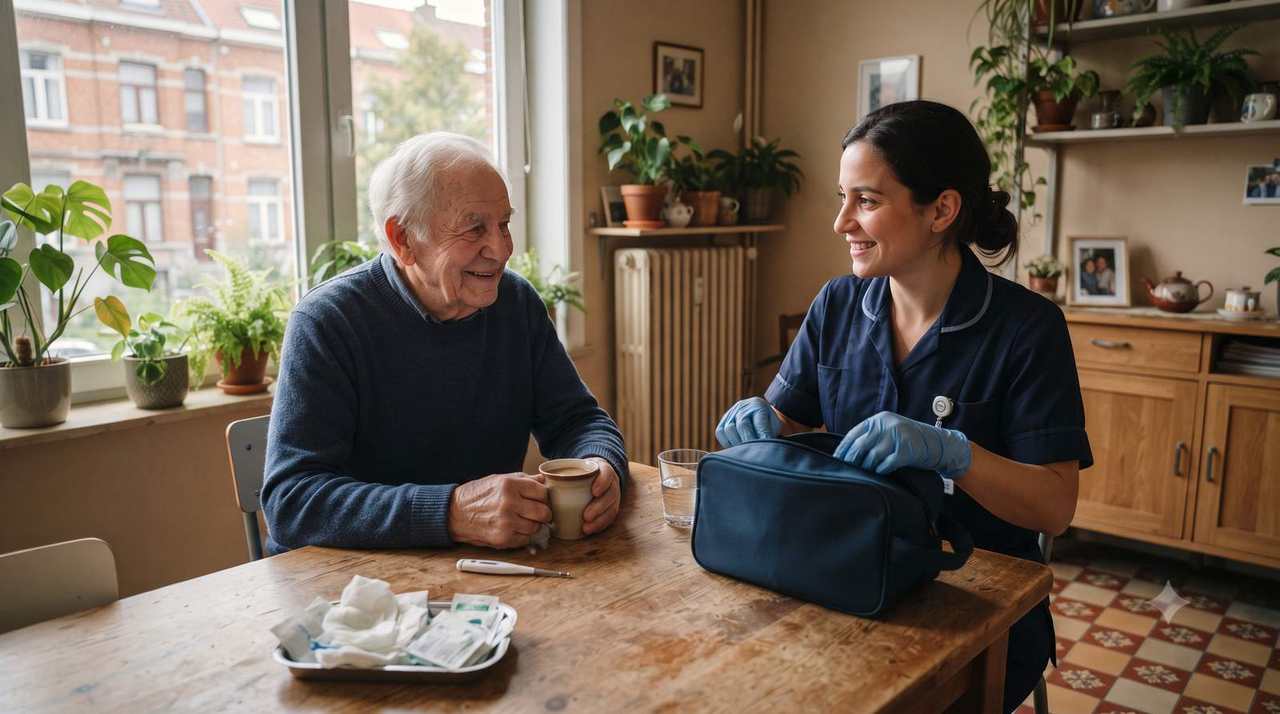 Patient âgé discutant avec son infirmière à domicile après un soin, dans sa cuisine à Bruxelles
