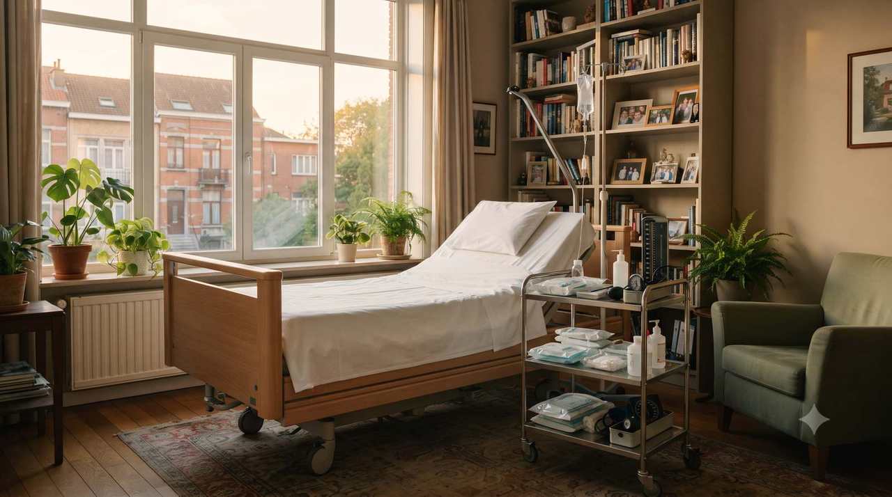 Salon bruxellois aménagé en espace de soins avec lit médicalisé pour une hospitalisation à domicile