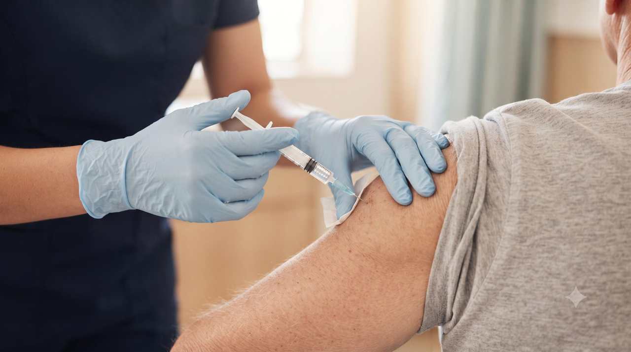 Infirmière réalisant une vaccination à domicile chez une personne âgée