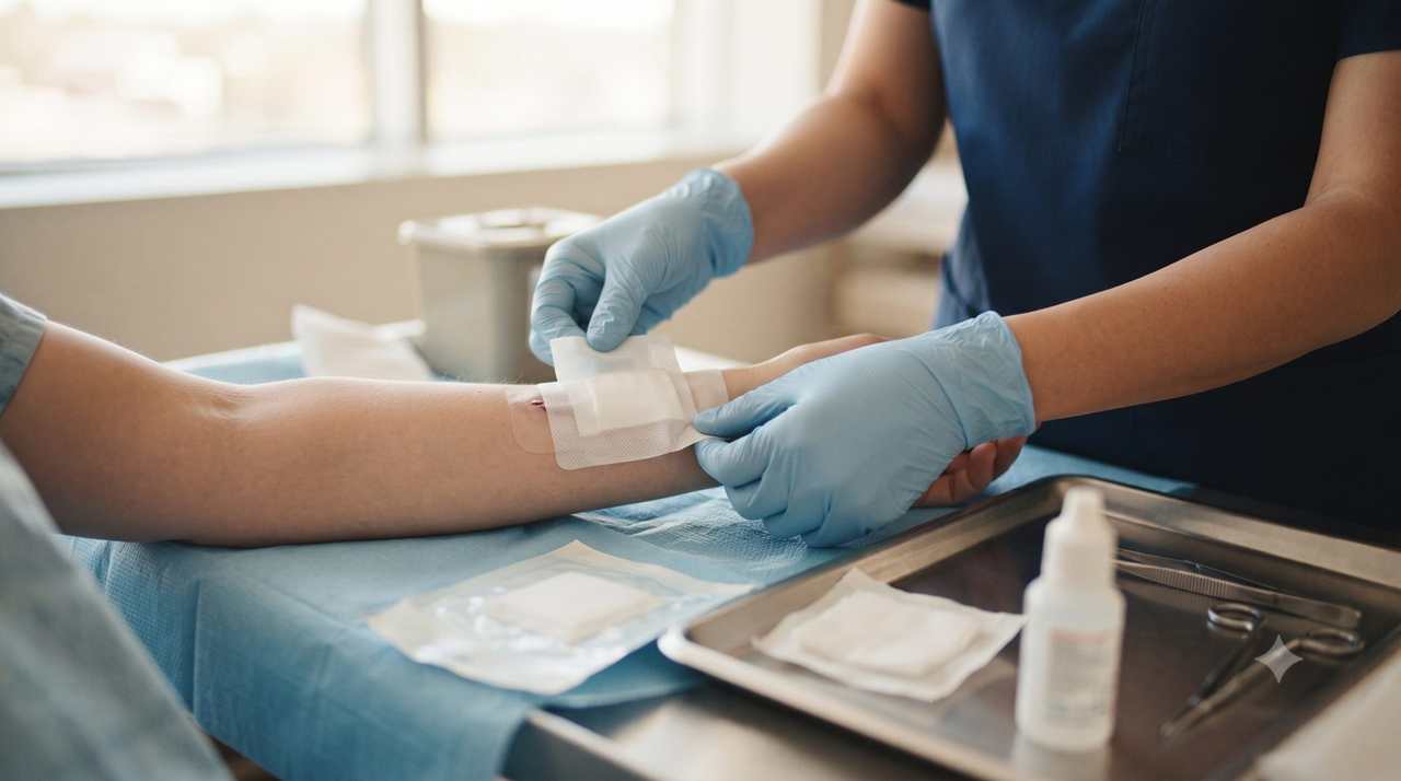 Réfection d'un pansement par une infirmière à domicile