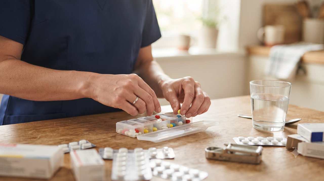 Préparation d'un pilulier hebdomadaire par une infirmière à domicile